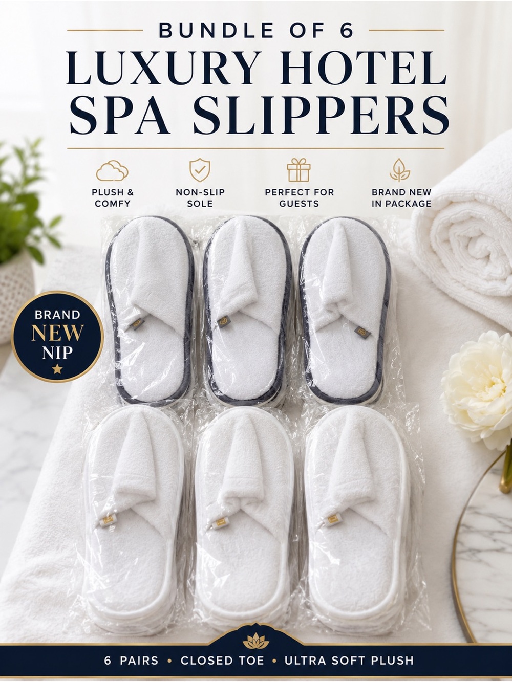 Bundle of 6 Luxury Hotel Spa Slippers | Plush Terry Closed Toe | White | NEW